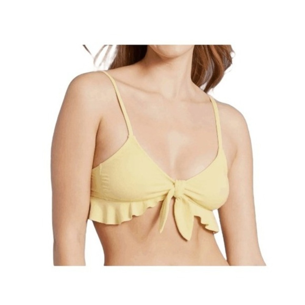 Xhilaration Tie Front Bralette Bikini Top Yellow Ribbed Knit Ruffle Swimsuit L
